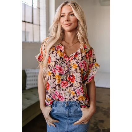 Pink Floral Print Crew Neck Short Sleeve Shift Blouse