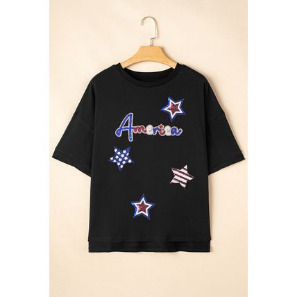 Black Sequined America Star Pattern Hi Low Hem Casual T Shirt