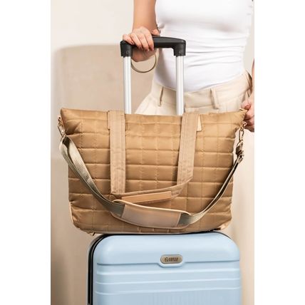 Camel Quiled Patchwork Large Tote Bag and Clutch 2pcs Set