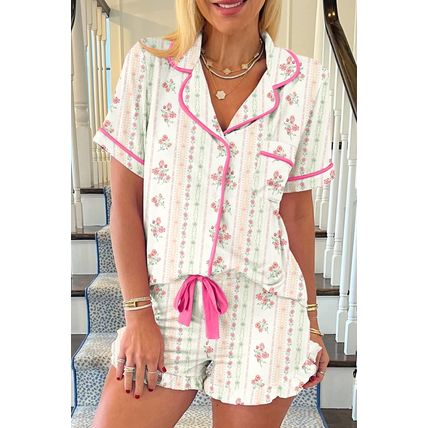 Beige Floral Print Contrast Pipping Short Pajamas Set