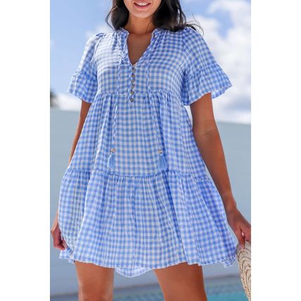 Sky Blue Gingham Short Sleeve Button Tie Split Neck Loose Mini Dress