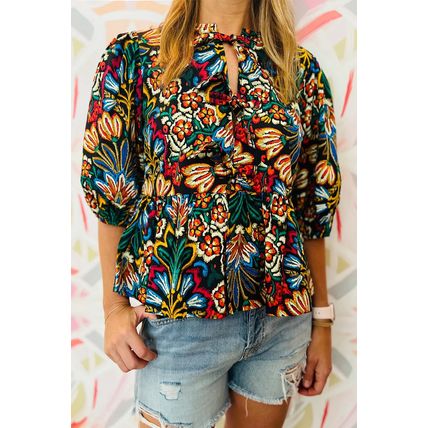 Black Tropical Print Bubble Sleeve Knot Front Blouse