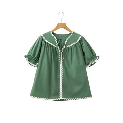 Mist Green Ric Rac Trim Tie Split Neck Short Sleeve Blouse