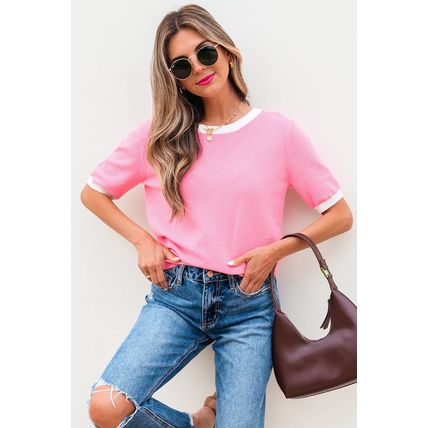 Bonbon Colorblock Bow V-Shape Cut Back Short Sleeve Sweater