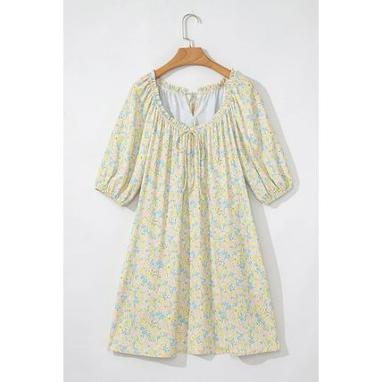 Green Floral Half Sleeve Frilled U Neck A-line Short Dress