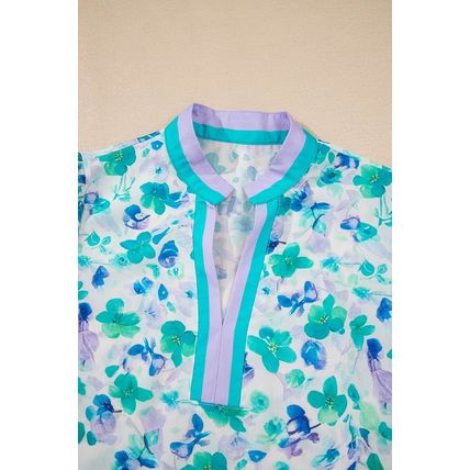 Green Floral Print Striped Trim Split V Neck Puff Short Sleeve Blouse