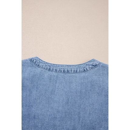 Myosotis Pintuck Pleats Puff Sleeve Split V Neck Summer Denim Top