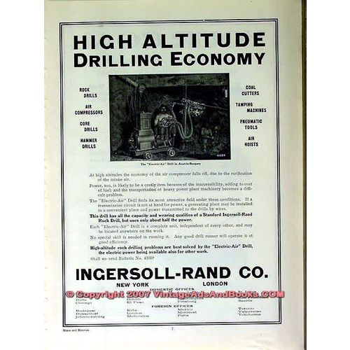 INGERSOLL-RAND COMPANY 1910 High Altitude Drilling Economy vintage ad