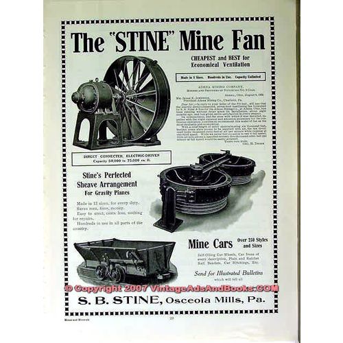 S B STINE 1910 Cheapest and Best Coal Mine Ventilation Fan vintage ad