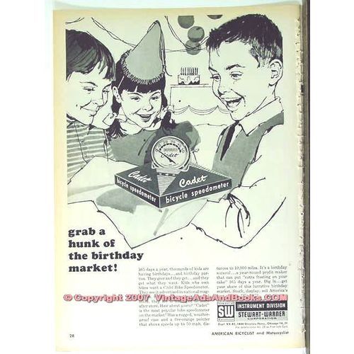 CADET BICYCLE SPEEDOMETER 1963 bike Stewart-Warner birthday vintage ad