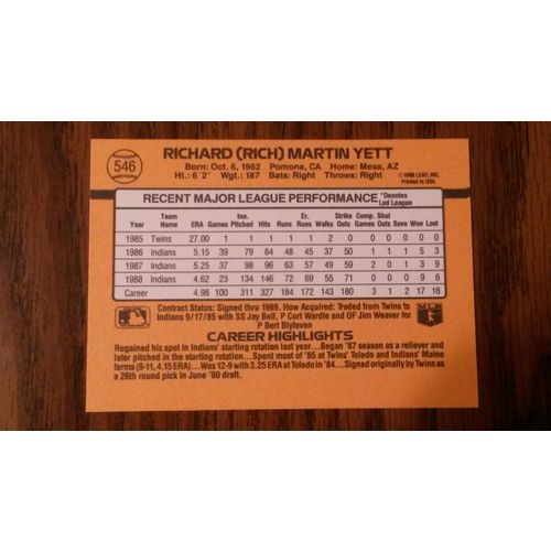 1989 Donrus Card # 546 Rich Yett Near Mint (7) Cleveland Indians