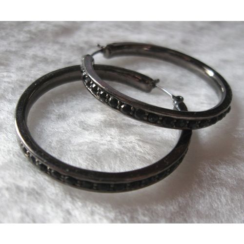 2" Loop Pierced Earrings with Black Rhinestones