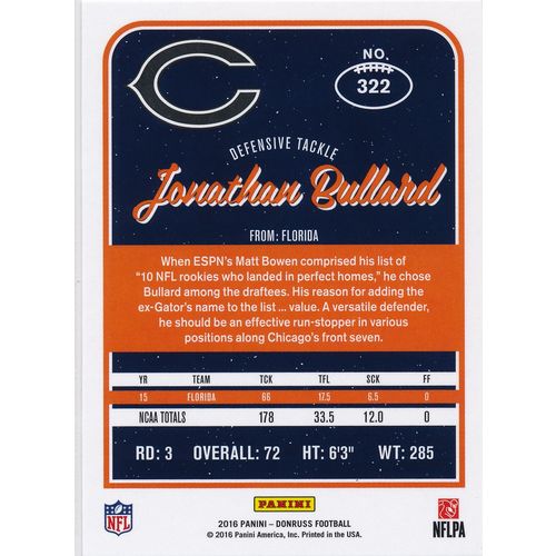 2016 Donruss Football 322 Jonathan Bullard RC Chicago Bears
