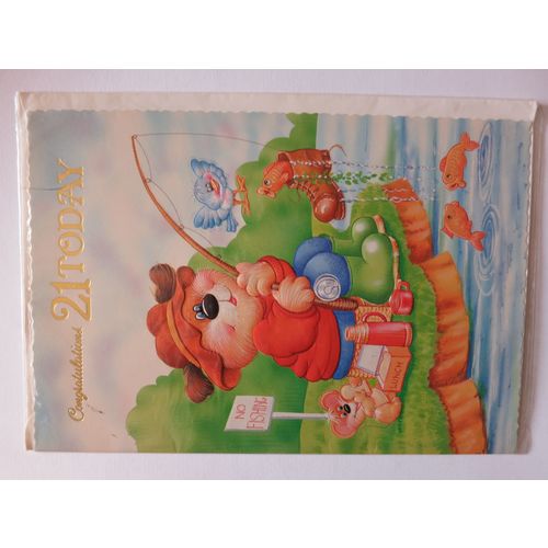 Teddy Bear Fishing Congratulations 21Today Birthday Standard Card A4 Portrait