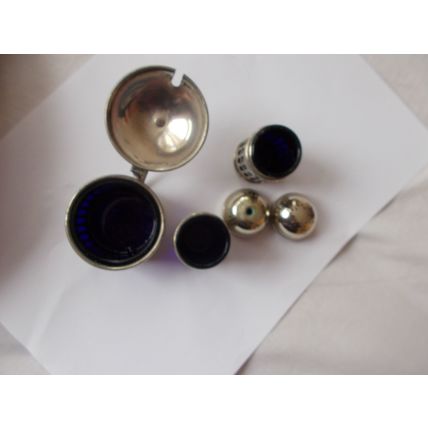 CONDIMENT SET WITH BLUE GLASS LINER / CHURCH STYLE