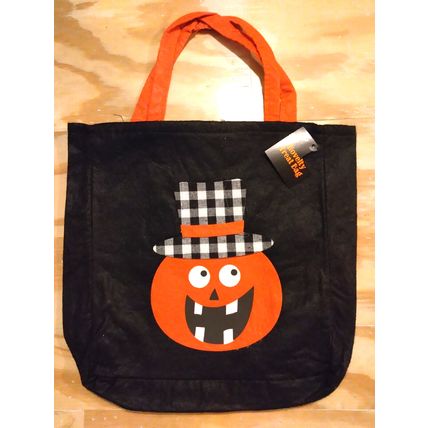 New w/Tag Laughing Pumpkin Felt 12x12 White Black Check Hat Trick Or Treat Bag