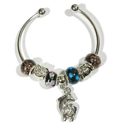 Silver Bracelet Bangle - Dolphin Owl Cat Charm Black Orange Green Blue Beads