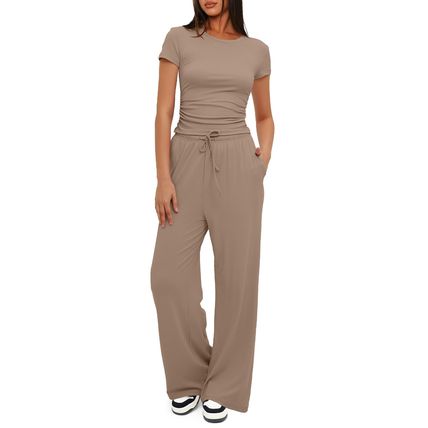 2pcs Solid Color Casual Sports Yoga Suit Short-sleeved Top And High-waisted Draw