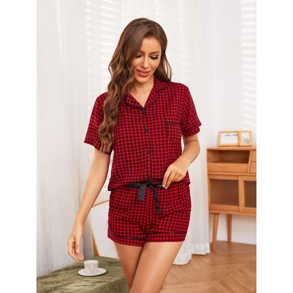 short sleeved shorts home clothing set Pajama women's summer checkered shirt