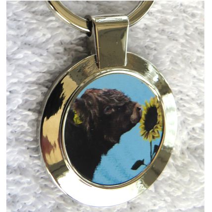 Highland Cow with Sunflower Metal Keyrings Boxed by Scottish Artist Jan Laird