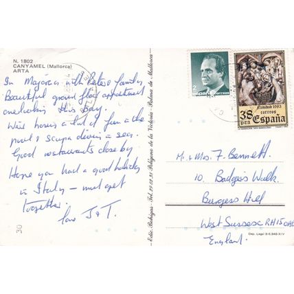 Canyamel Mallorca Spain Postcard posted 1986 creased