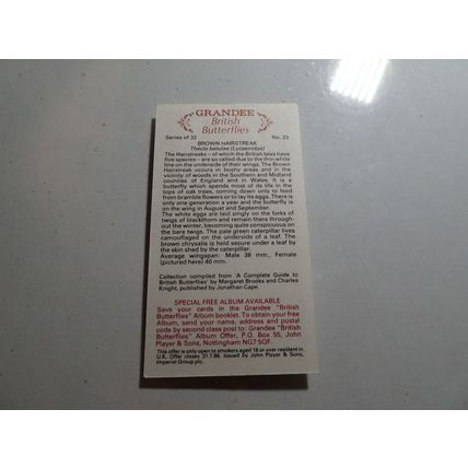 1983 Grandee British Butterflies Card # 23 of 32 Brown Hairstreak VG-Ex (4)