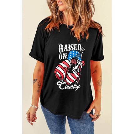 Black Raised On Country USA Flag Guitar Graphic Tee