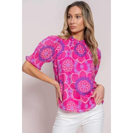 Rose Floral Print Frilled Neck Smocked Puff Sleeve Blouse
