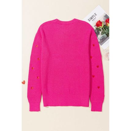Rose Red Heart Shape Drop Shoulder Round Neck Sweater
