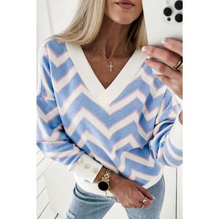 Sky Blue Zigzag Striped Print V Neck Oversized Top