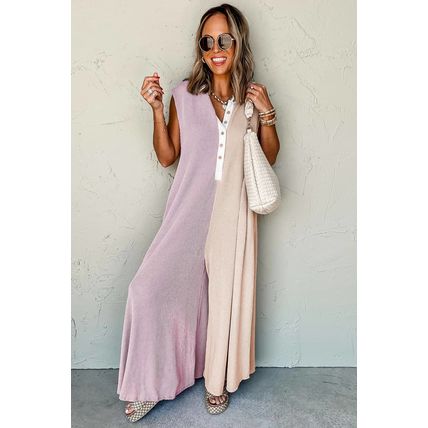 Parchment Color Block Corded Knit Buttoned Super Wide Leg Jumpsuit