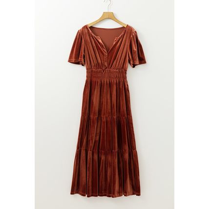 Chestnut Velvet Short Sleeve Shirred Waist Tiered Maxi Dress