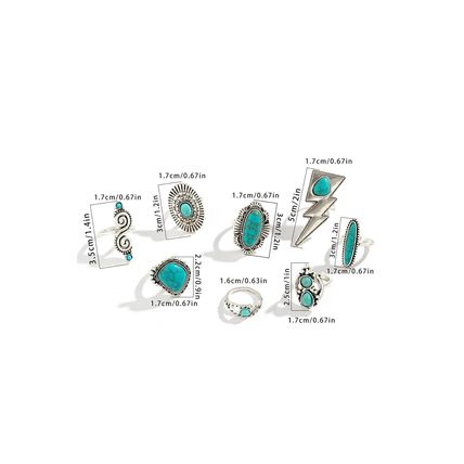 Silvery 8pcs Turquoise Inlay Western Ring Set