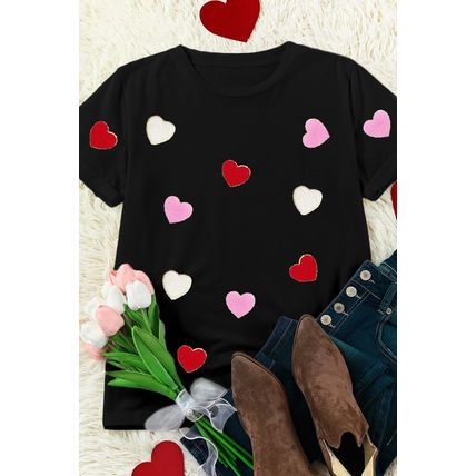 Black Valentines Chenille Heart Patched Pattern Crewneck Tee
