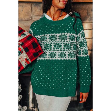 Green Christmas Snowflake Dotted Print Round Neck Sweater
