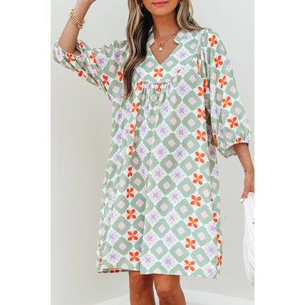 Green Geometric Floral Print 3/4 Sleeve Notched Neck Mini Dress