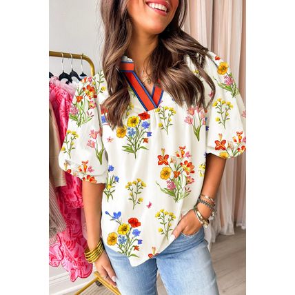 White Floral Short Puff Sleeve Contrast V Neck Print Blouse