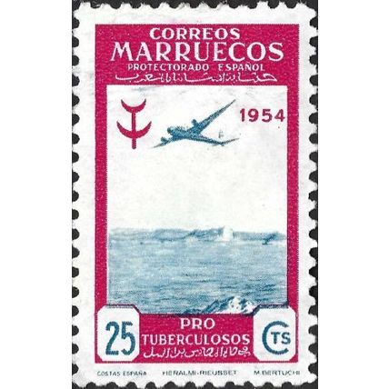SPANISH MOROCCO, Tuberculosis, airplane, pink 1954, 25c