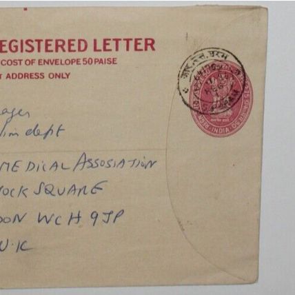 India 1986 Prepaid Registered Letter India to London, England with Meter Stamp