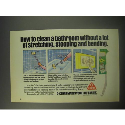 1990 O-Cedar Easy Reach Scrubber Ad - How to clean a bathroom