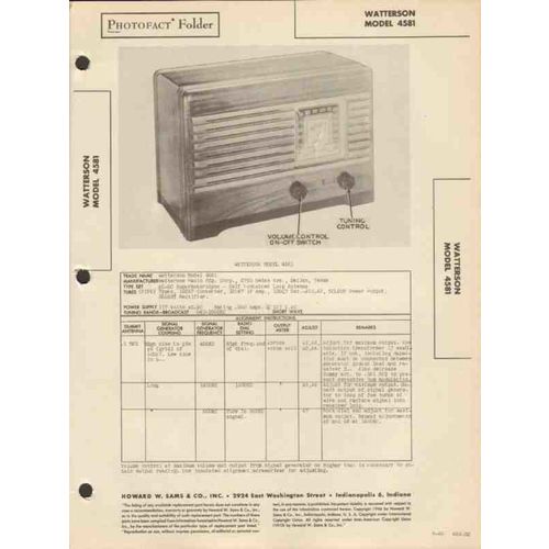 WATTERSON model 4581 5 tube AM radio receiver Sams Photofact manual