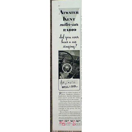 ATWATER KENT 1934 automobile radio singing motor car vintage ad