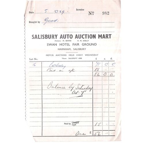 SALISBURY AUTO AUCTION MART, HARNHAM. SALISBURY. 1949 receipt for Wolseley car #