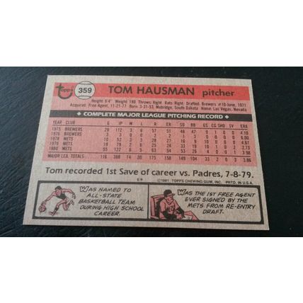 1981 Topps Card # 359 Tom Hausman Very Good-Excellent (4) New York Mets