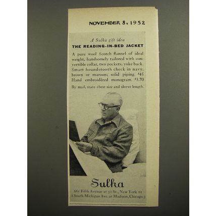 1952 A. Sulka Reading-in-Bed Jacket Ad - A Sulka gift idea