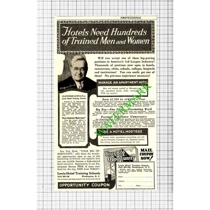 Clifford Lewis Hotel Training Schools Washington USA Advert - 1929 Cutting