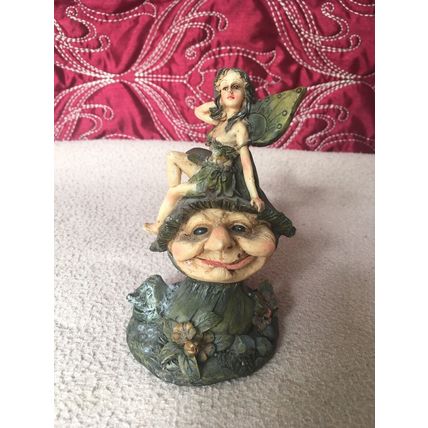 Mythical and Magical Fairy On Goblin Faced Toadstool Figurine Indoor or Outdoor