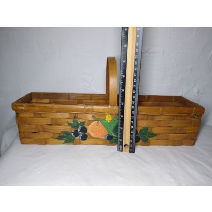 Light/Medium Brown Small Wicker Woven Band Rectangle Painted Berries/Corn/Basket
