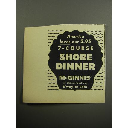 1957 McGinnis' Restaurant Ad - America loves our 3.95 7-course shore dinner