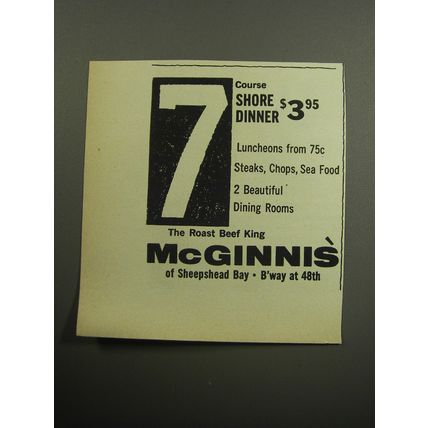 1957 McGinnis' Restaurant Advertisement - 7 course Shore dinner $3.95